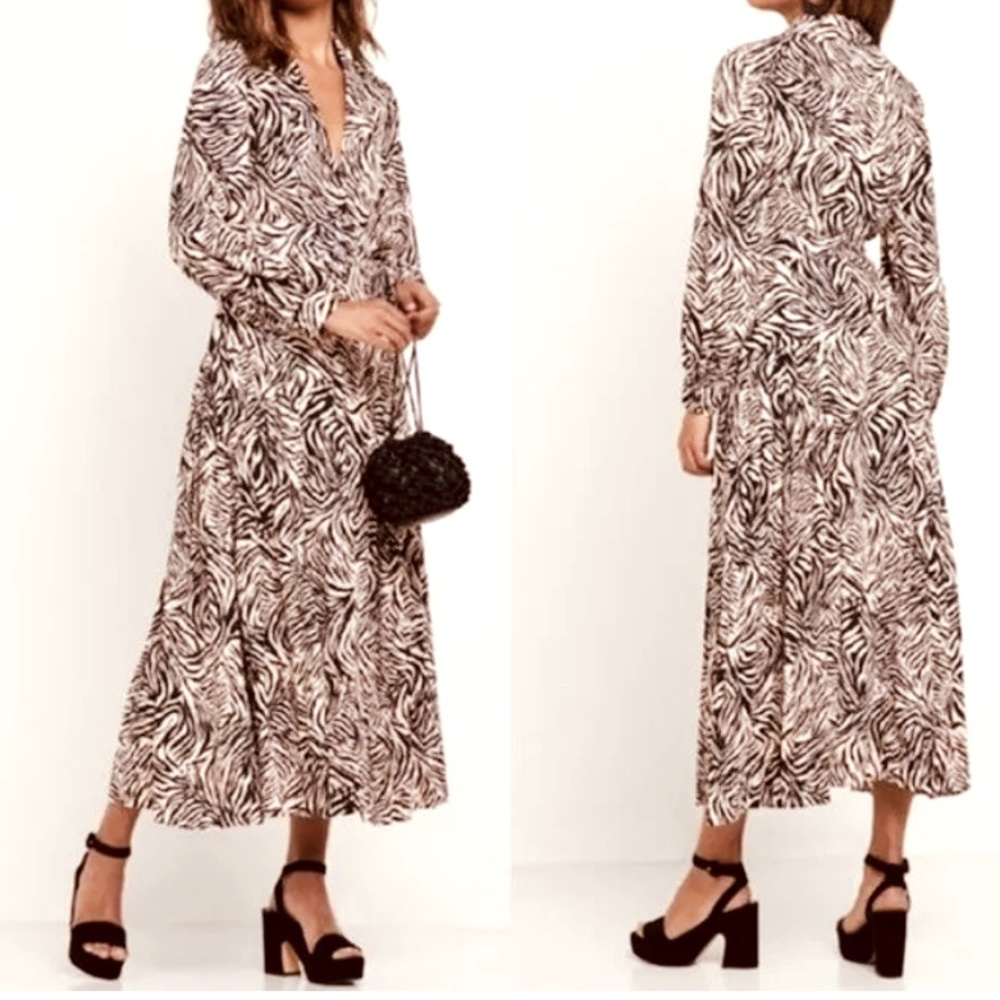 TOPSHOP Soft Powder Baby Pink Black Zebra Print Button Down Pleated MIDI Dress 6